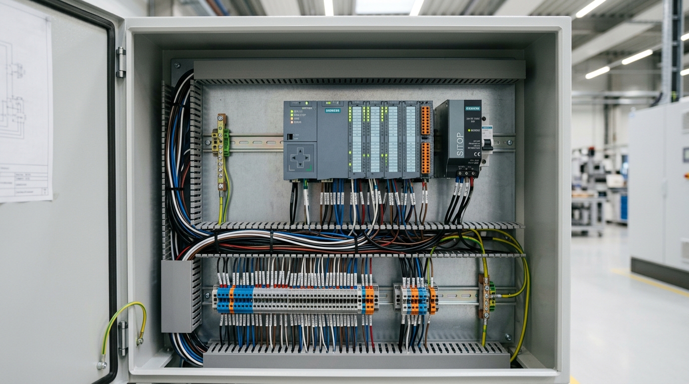 Panel de control abierto mostrando instalación de PLC y cableado estructurado
