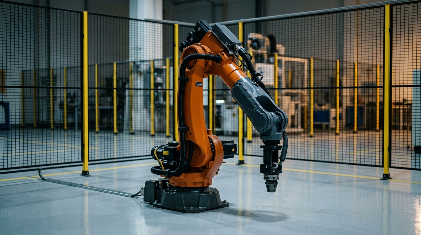 Robot industrial KUKA/FANUC en celda de manufactura