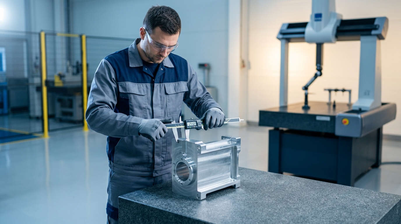 Técnico verificando dimensiones de pieza con alta precisión